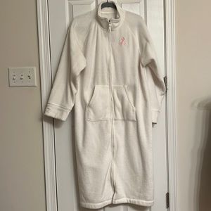 Stan Herman White Full-Zip Bathrobe Pockets Breast Cancer Logo Polyester Large